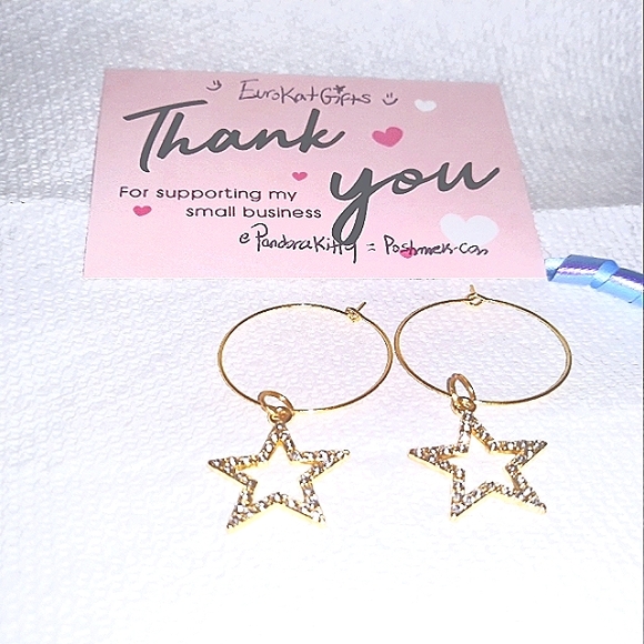 Handmade Jewelry - Sparkly Gold Star Charm Hoop Earrings NEW NWT Approx 1 1/2” Thin wire hoops